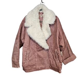 Free People Lolo Denim Mauve Faux Fur Collar Double Breasted Oversized Jacket
